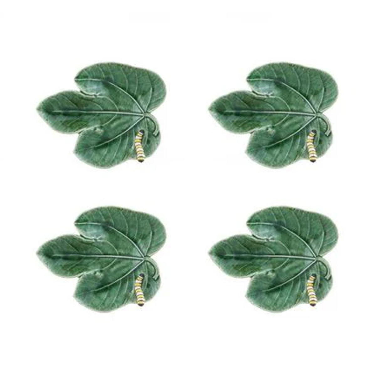Front view of Countryside Leaves Fig Leaf with Caterpillar, set of 4 showcasing four green leaf dishes on white