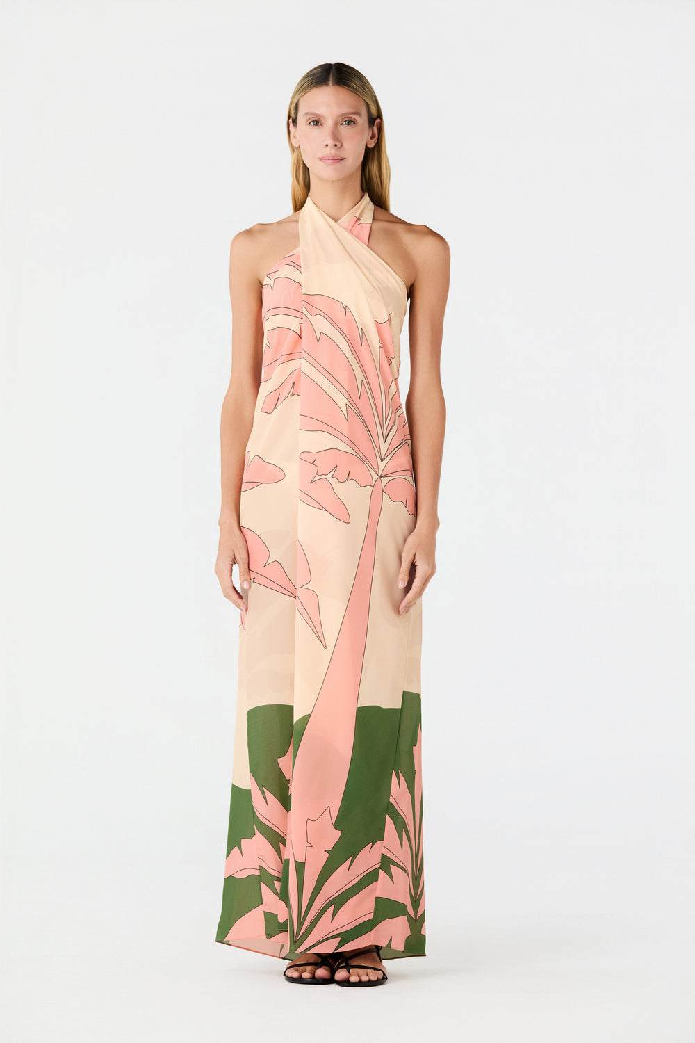 Cayetana Silk Crepe Maxi Dress in Peach Palms