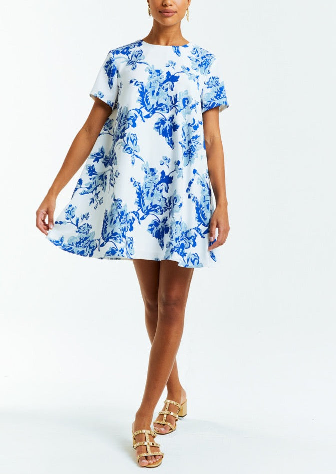 blue and white mini dress with pockets