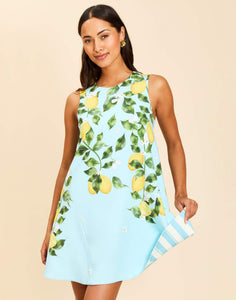 Cecily Sleeveless Convertible Mini Dress in Aegean Citrus with reversible lemon and stripe prints, swing-fit silhouette, and finished hem.