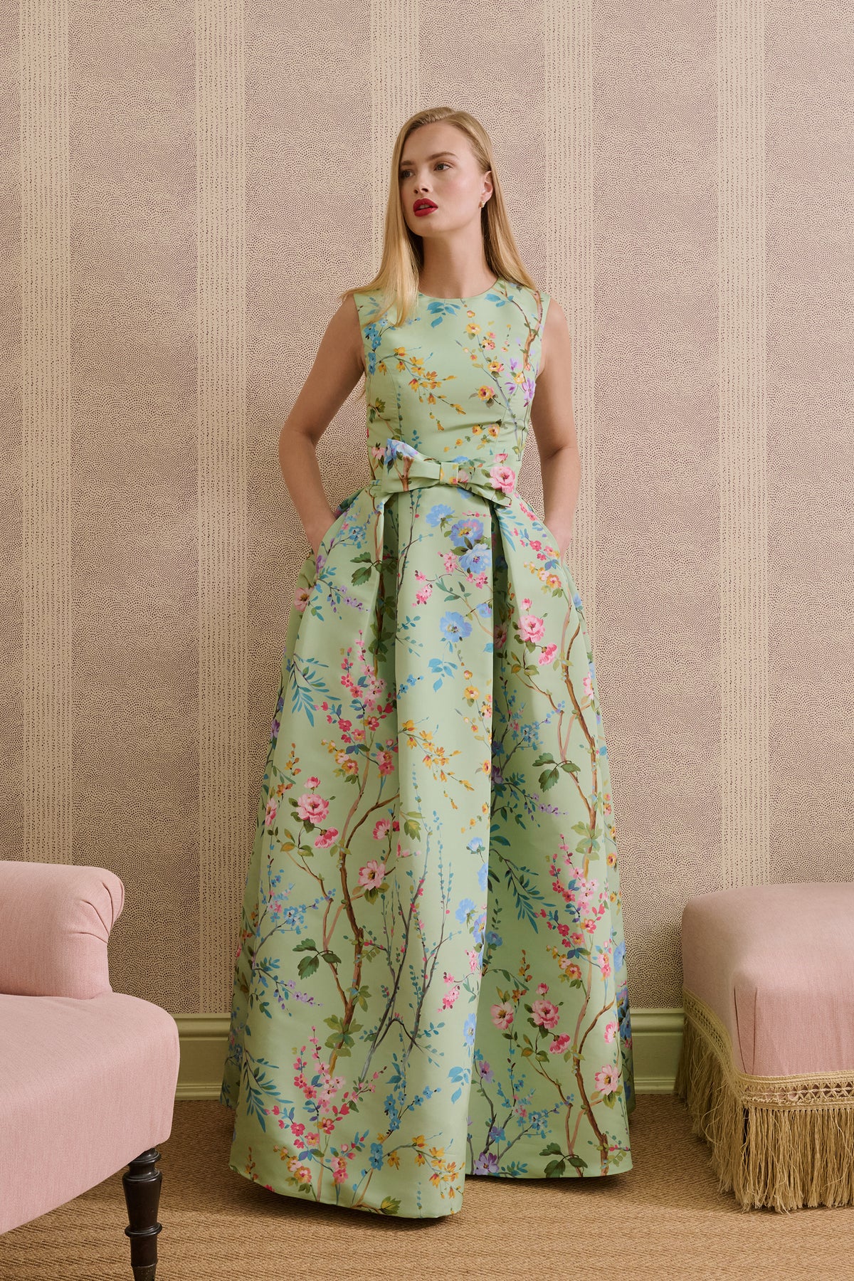 Grace Garden Reverie Silk Faille Ball Gown with Bow Belt in Celadon Floral