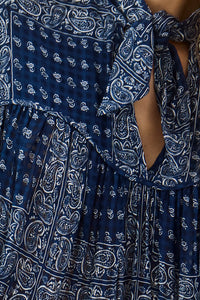 Close up of the Celeste Blouse in Inkwell Paisley. 