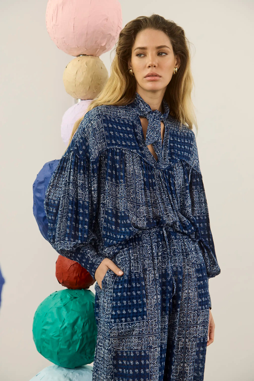 The Celeste Blouse in Inkwell Paisley paired with the matching Briggs Pants. 