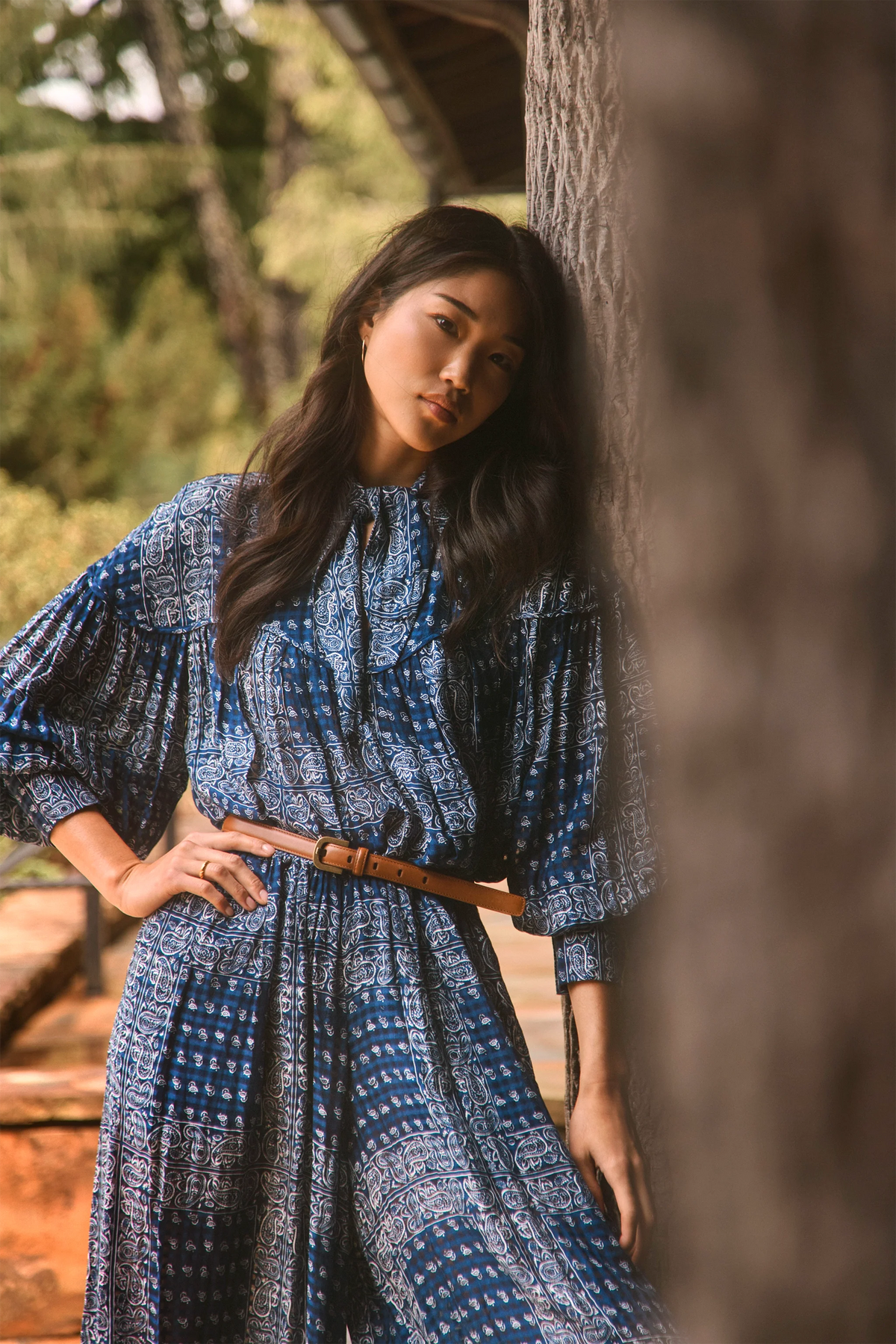 The Celeste Blouse in Inkwell Paisley paired with the matching Briggs Pants. 