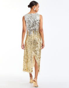 Celestina Sequin Tea Length Dress in Champagne Ombre back – sleeveless ombre sequin evening dress with crew neckline, organza hem, and column silhouette by Mestiza New York.