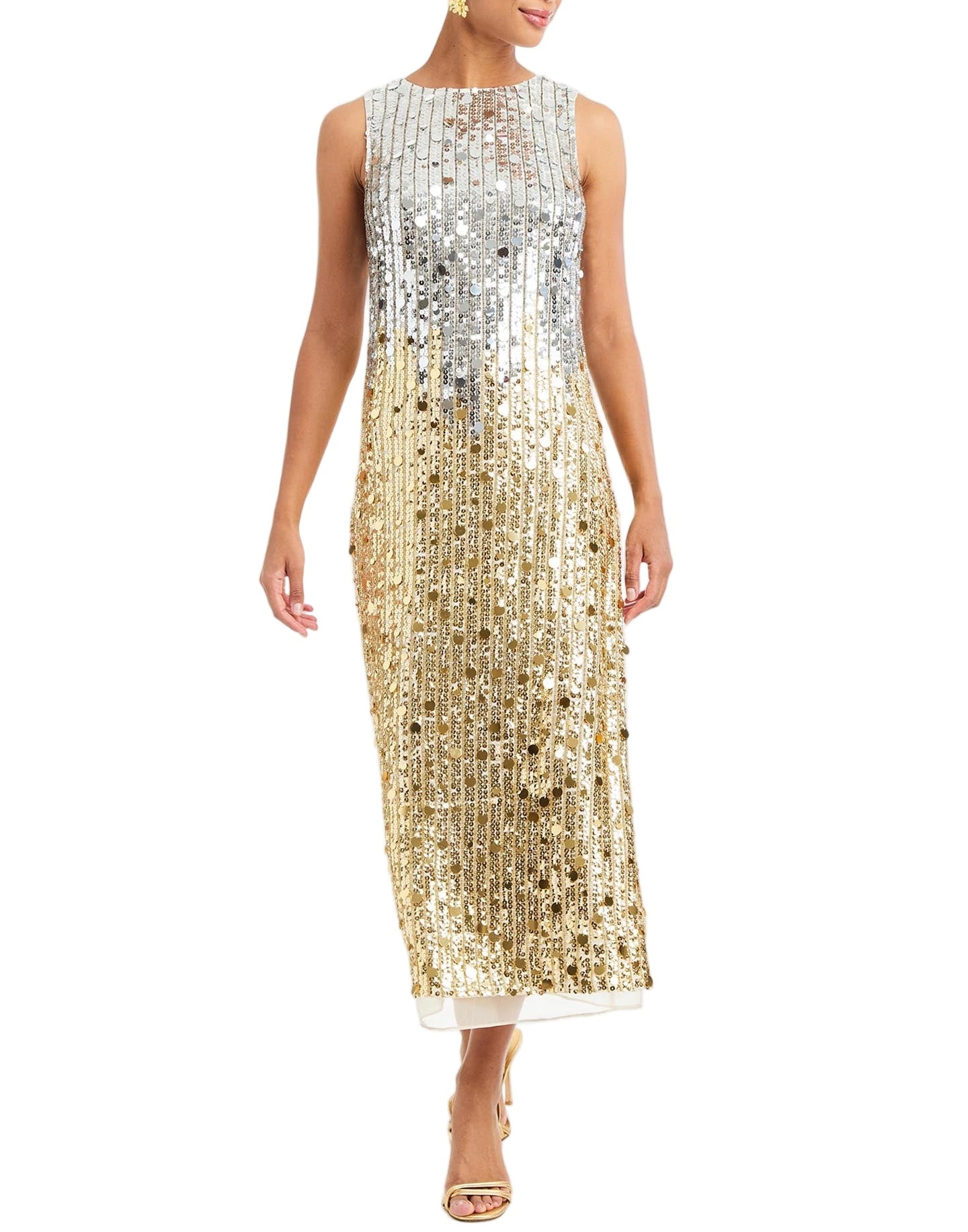 Celestina Sequin Tea Length Dress in Champagne Ombre front – sleeveless ombre sequin evening dress with crew neckline, organza hem, and column silhouette by Mestiza New York.