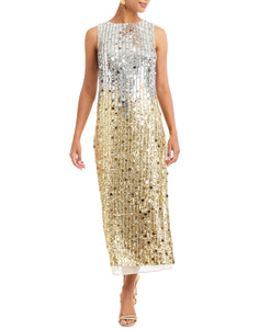 Celestina Sequin Tea Length Dress in Champagne Ombre front – sleeveless ombre sequin evening dress with crew neckline, organza hem, and column silhouette by Mestiza New York.