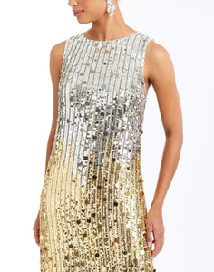 Celestina Sequin Tea Length Dress in Champagne Ombre detail – sleeveless ombre sequin evening dress with crew neckline, organza hem, and column silhouette by Mestiza New York.
