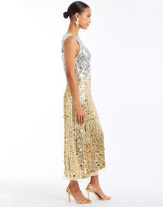 Celestina Sequin Tea Length Dress in Champagne Ombre side – sleeveless ombre sequin evening dress with crew neckline, organza hem, and column silhouette by Mestiza New York.