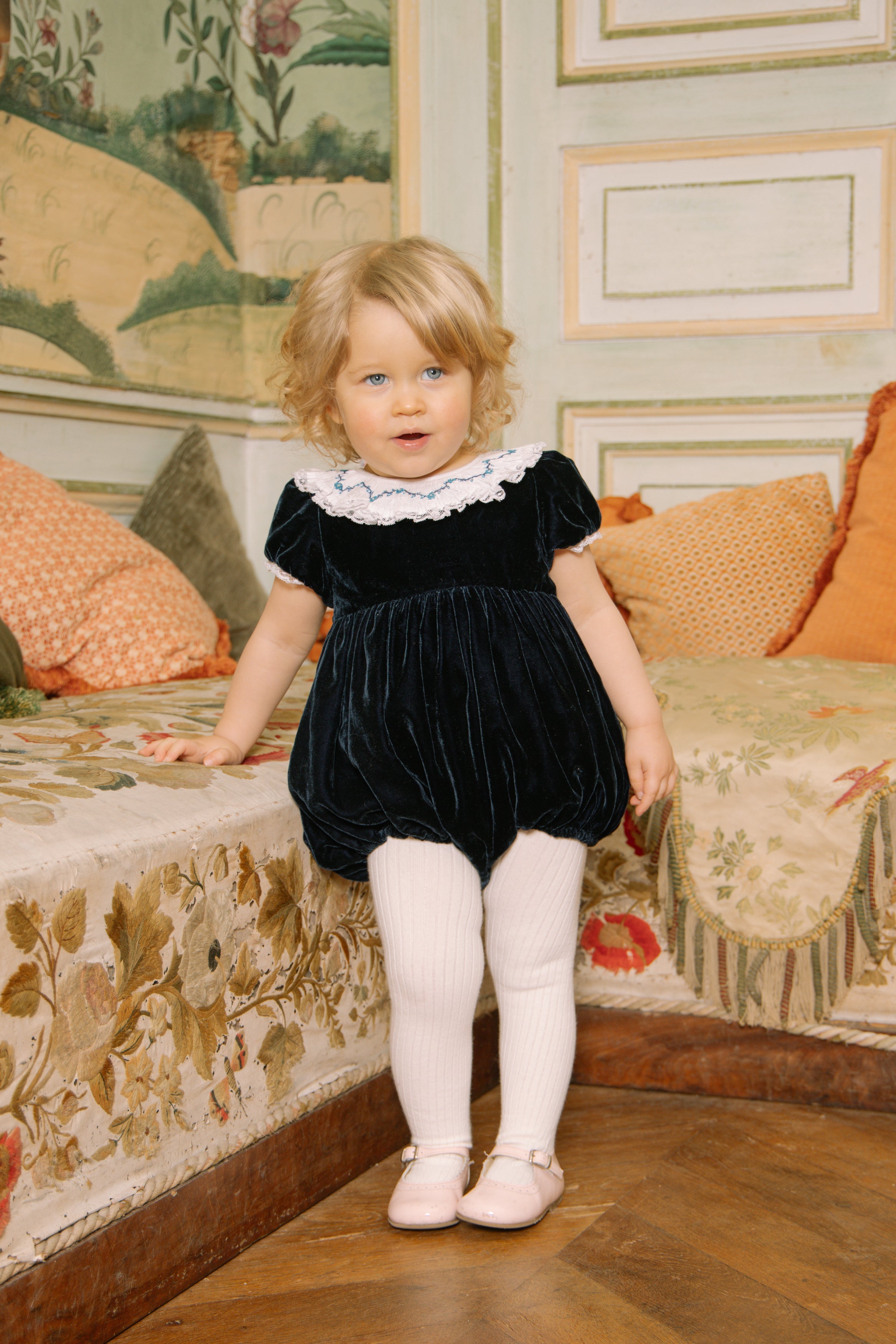 Celestine Navy velvet Smocked Romper