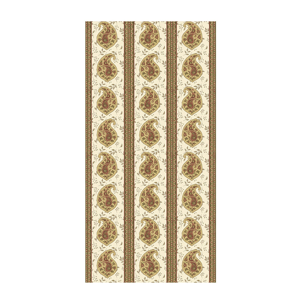 Flat view of Celina tablecloth showcasing vertical olive and maroon paisley stripes on a cream background