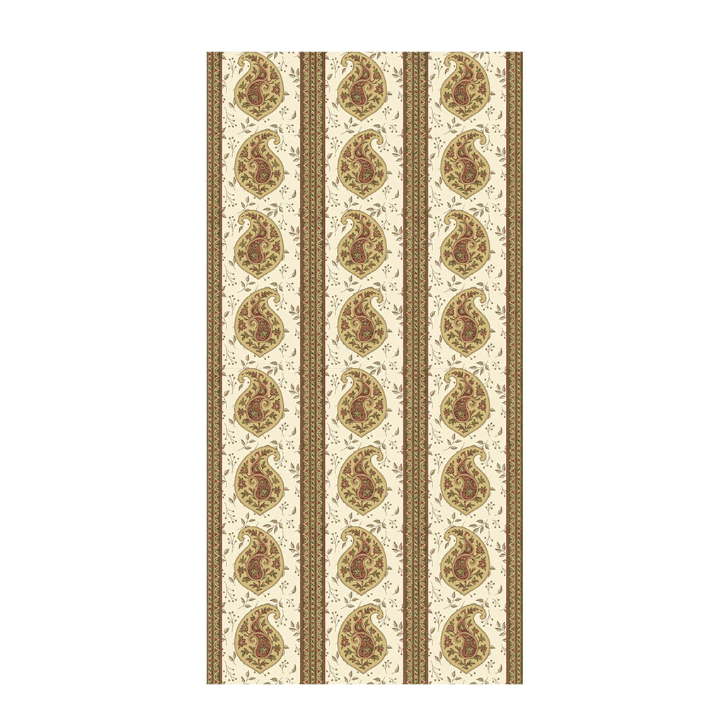 Flat view of Celina tablecloth showcasing vertical olive and maroon paisley stripes on a cream background