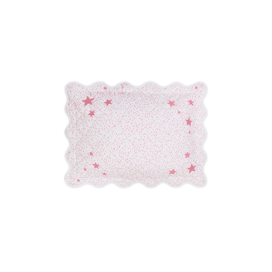 Top-down view of Celine Stars mini boudoir pillow showcasing pink star pattern and scalloped edge on black background