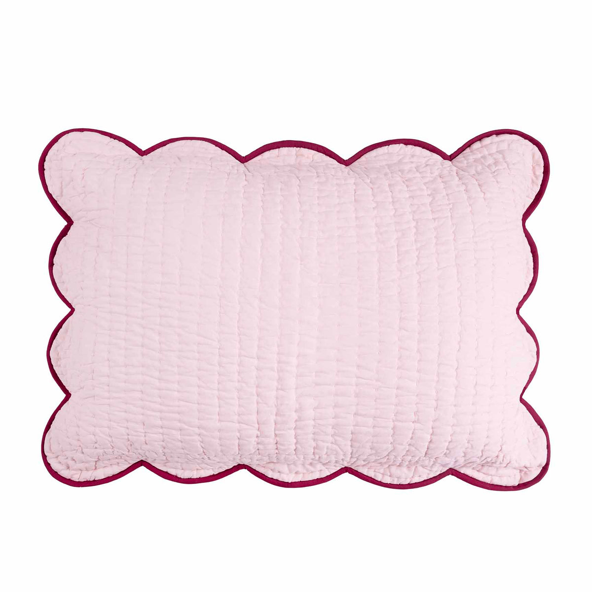Front view of Chairish sham pillow showing scalloped edge and hand-stitched quilting in light pink with berry trim