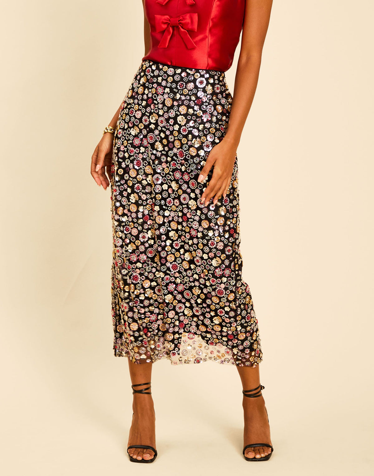 Chandler Pencil Skirt in Orchid Multi beaded mesh with a clean-finish waist and sleek pencil midi silhouette.
