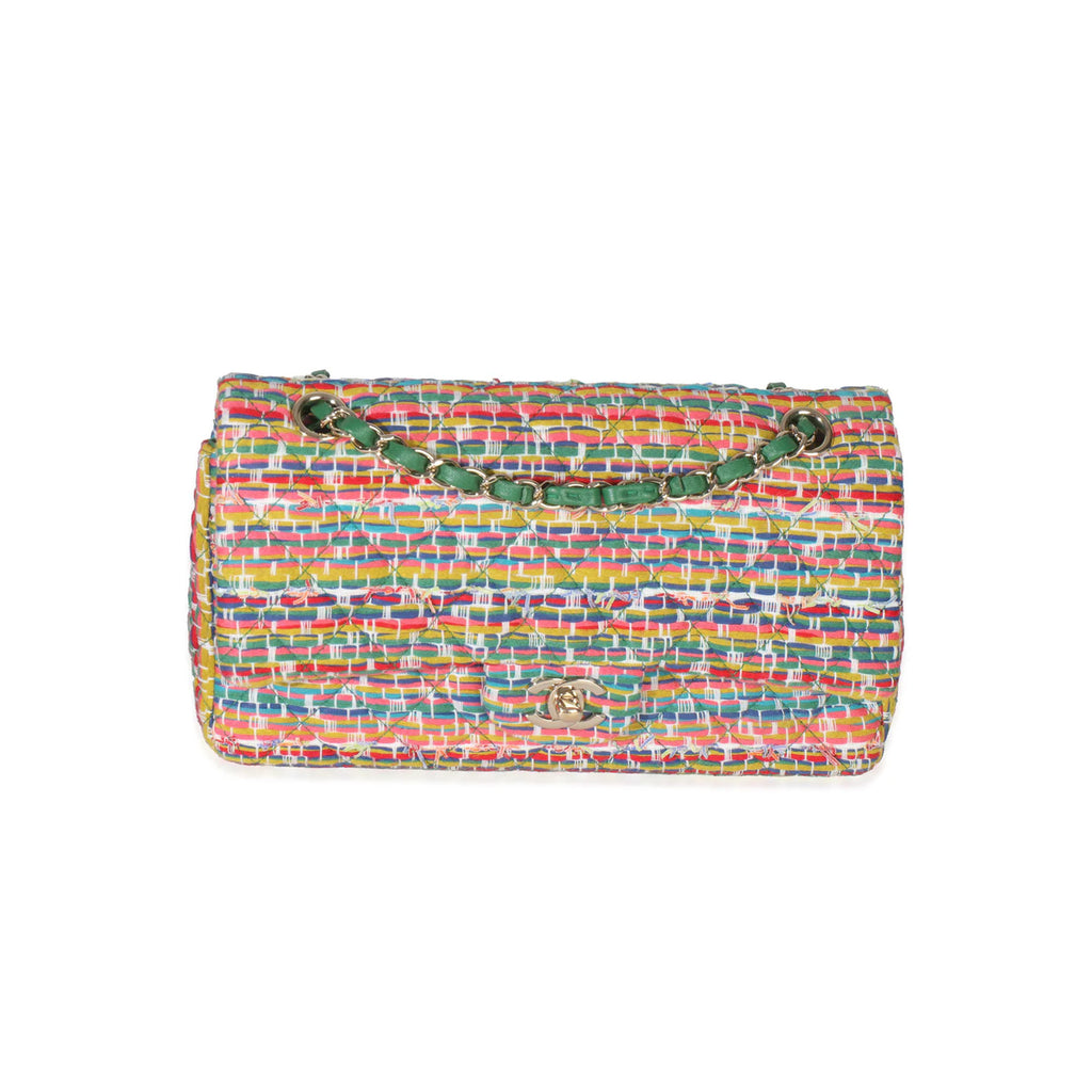 Chanel Green Yellow Red Multicolor Tweed Medium Classic Double Flap Bag