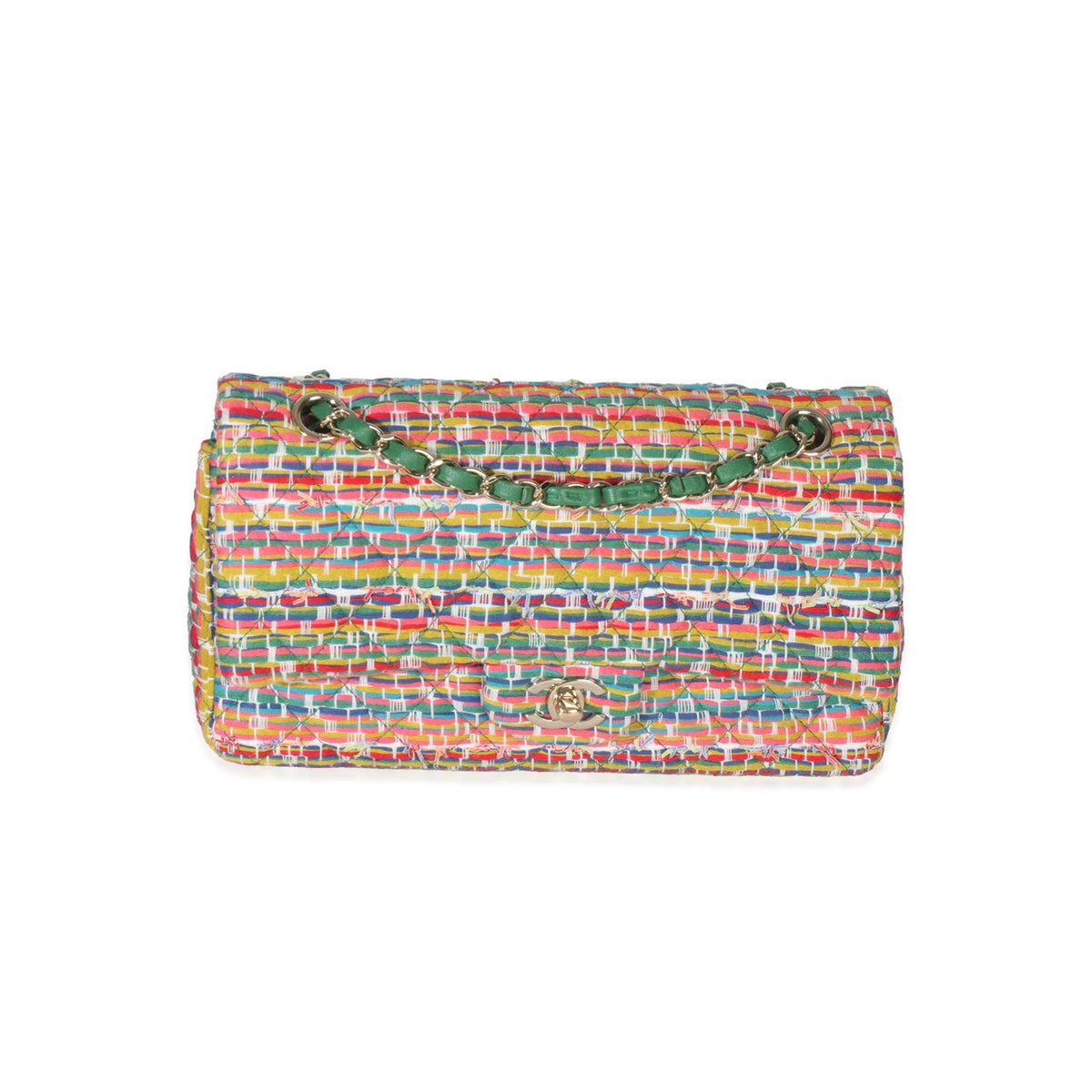 Chanel Green Yellow Red Multicolor Tweed Medium Classic Double Flap Bag