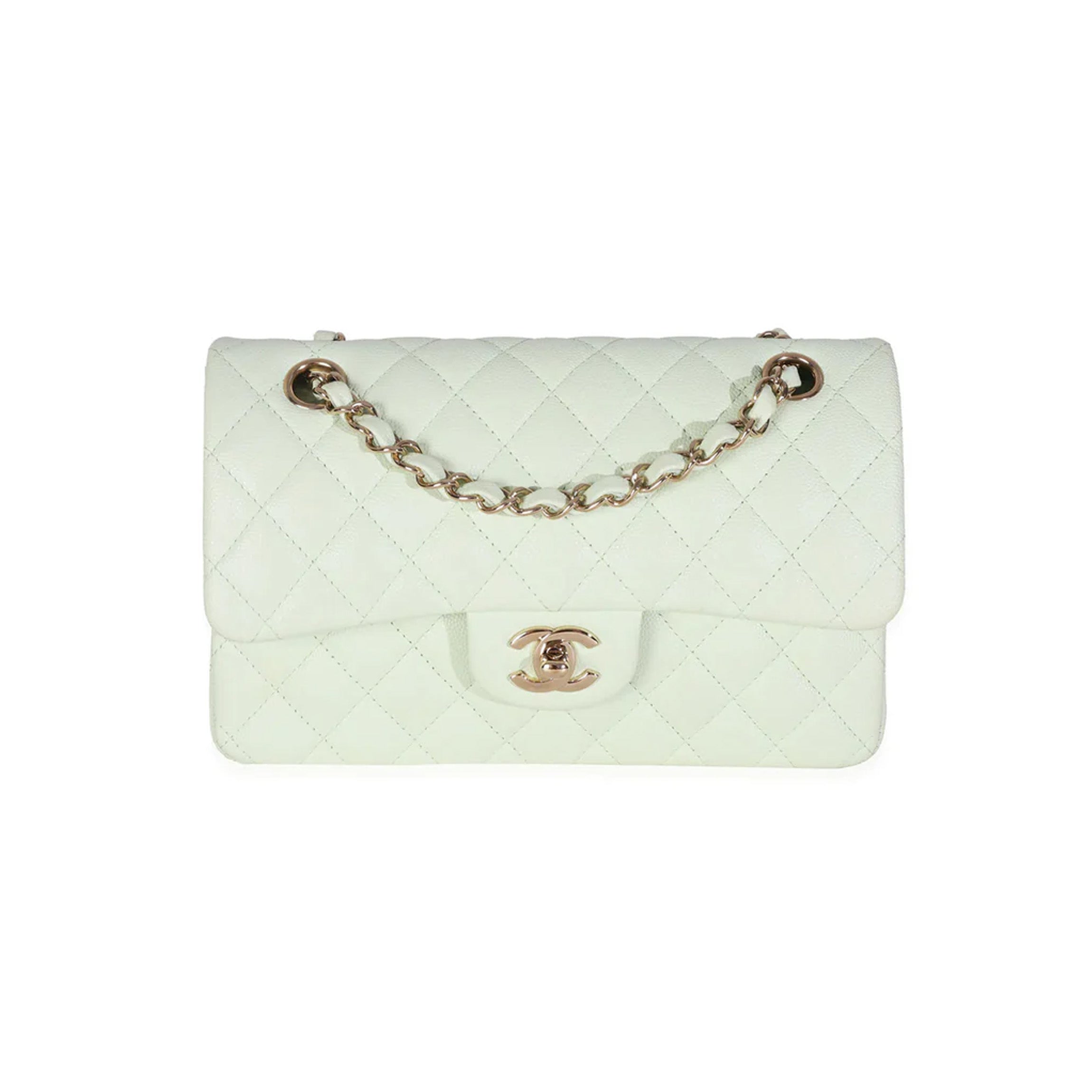 Chanel Light Green Quilted Caviar Small Classic Double Flap Handbag