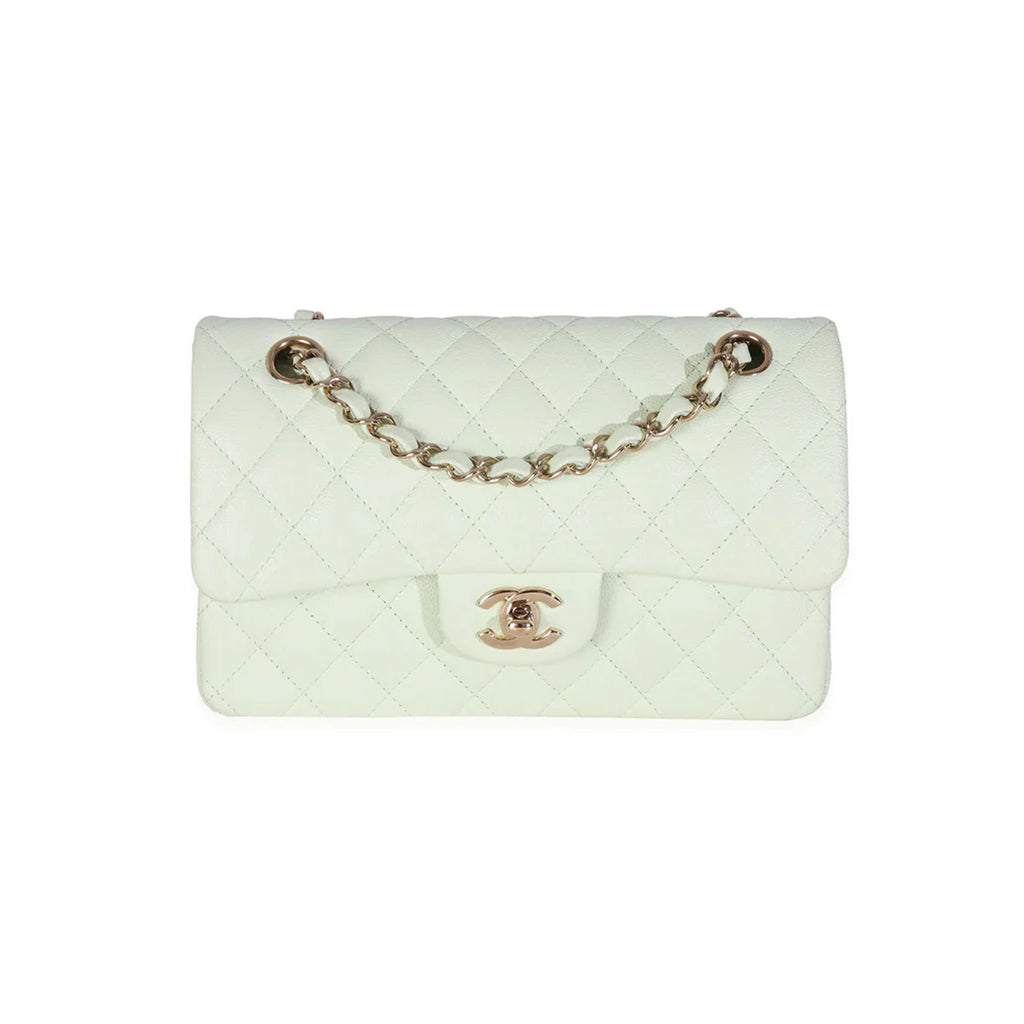 Chanel Light Green Quilted Caviar Small Classic Double Flap Handbag
