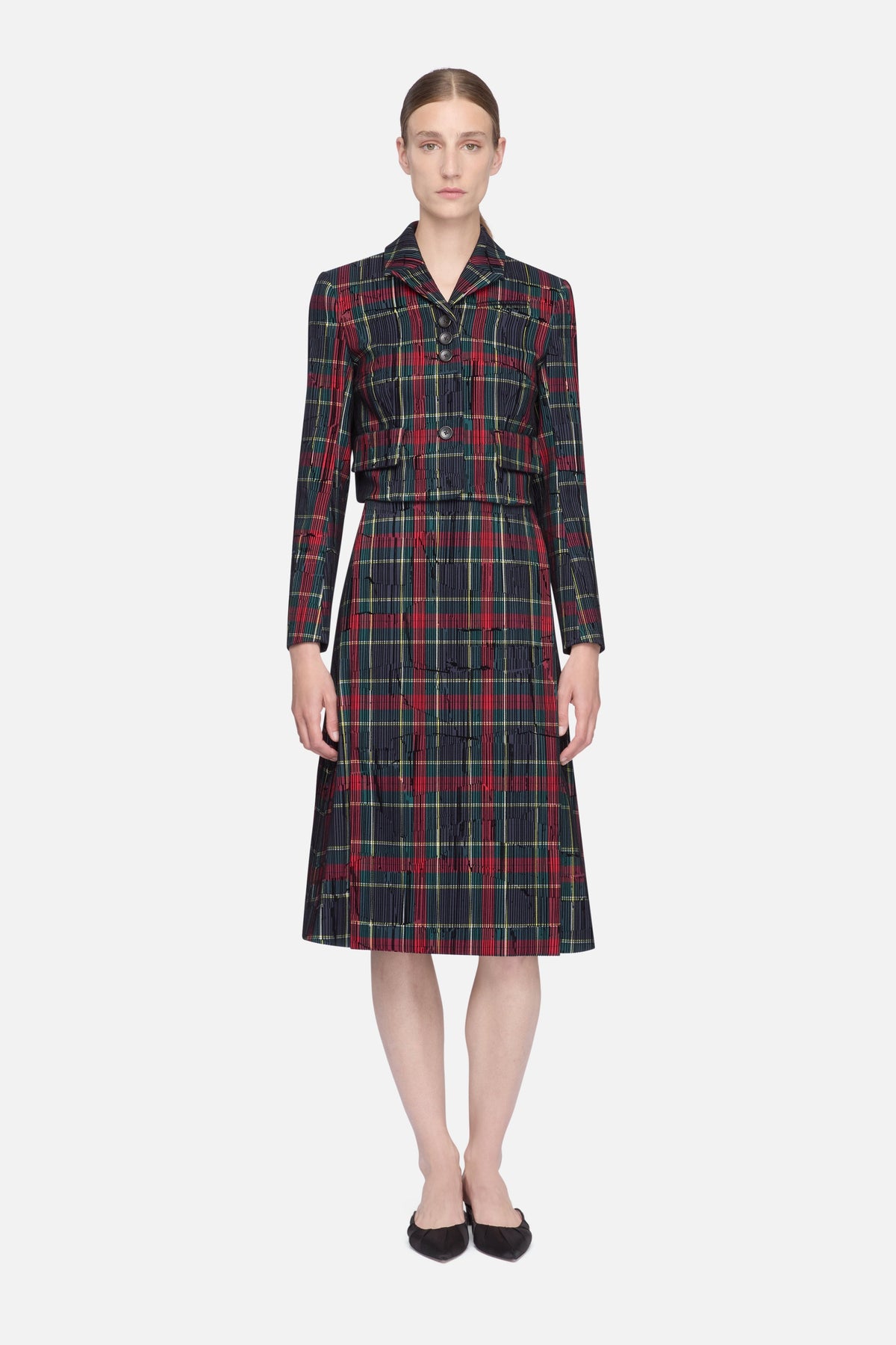 Front view of Chapel Jacket in red and green flocked check showing tailored fit, notched lapel and flap pockets