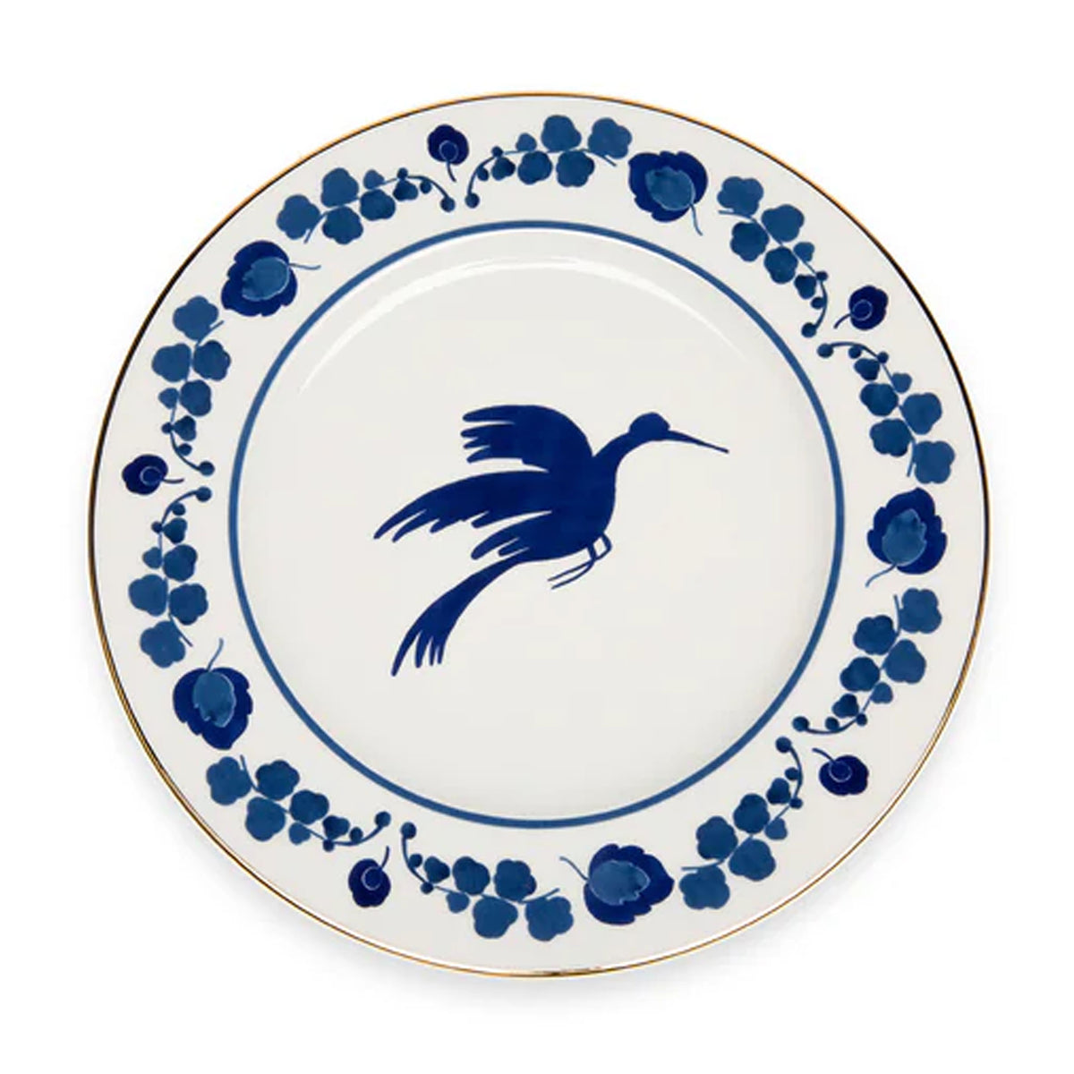 Front view of Charger Plate in Wildbird Blue showcasing a blue bird and floral print with gold trim on a white background