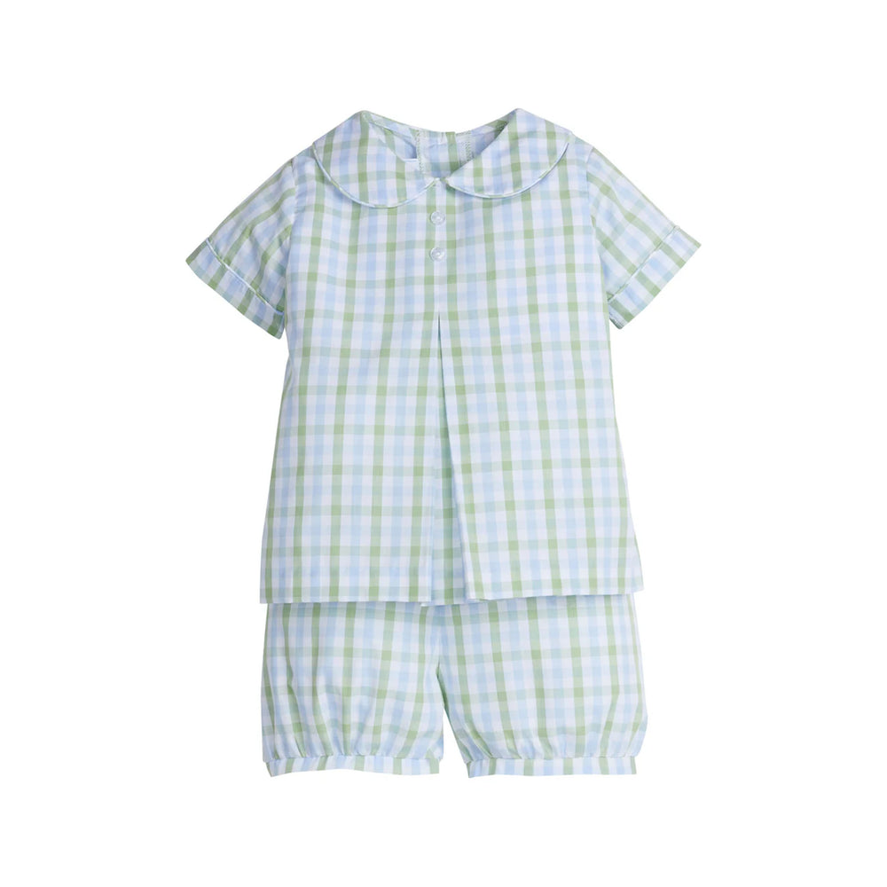 Front view of Charleston Baned short set, Cheekwood Plaid, Peter Pan collar, front pleat, elastic-back shorts