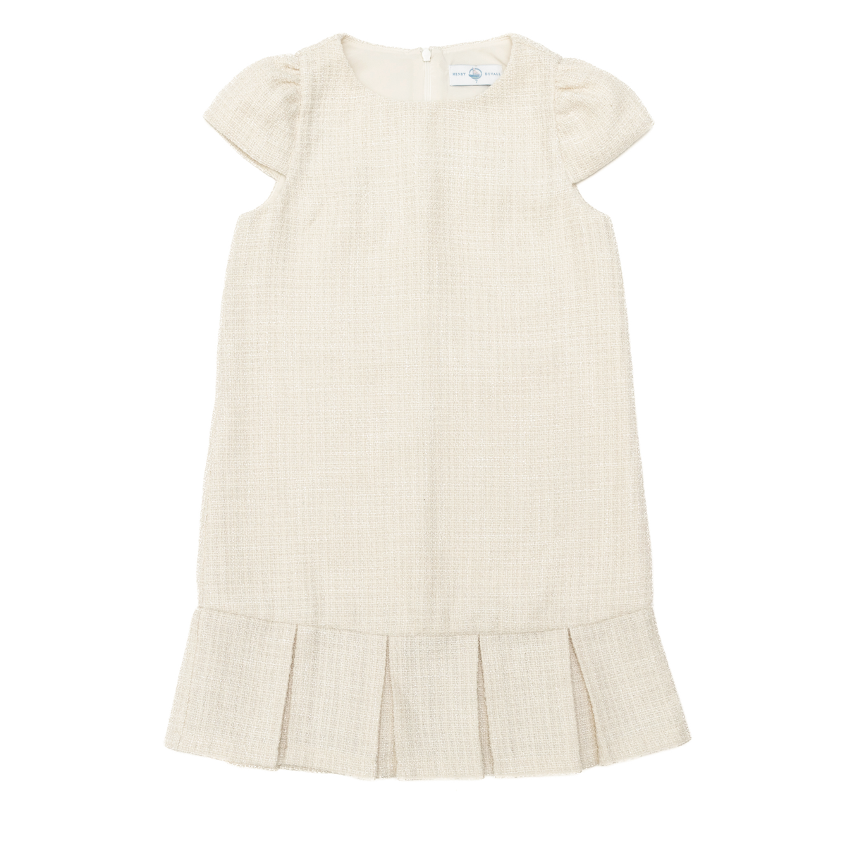 Henry Duvall Charlotte Dress for girls in cream tweed, a classic older girls dress with cap sleeves and box pleat hem.