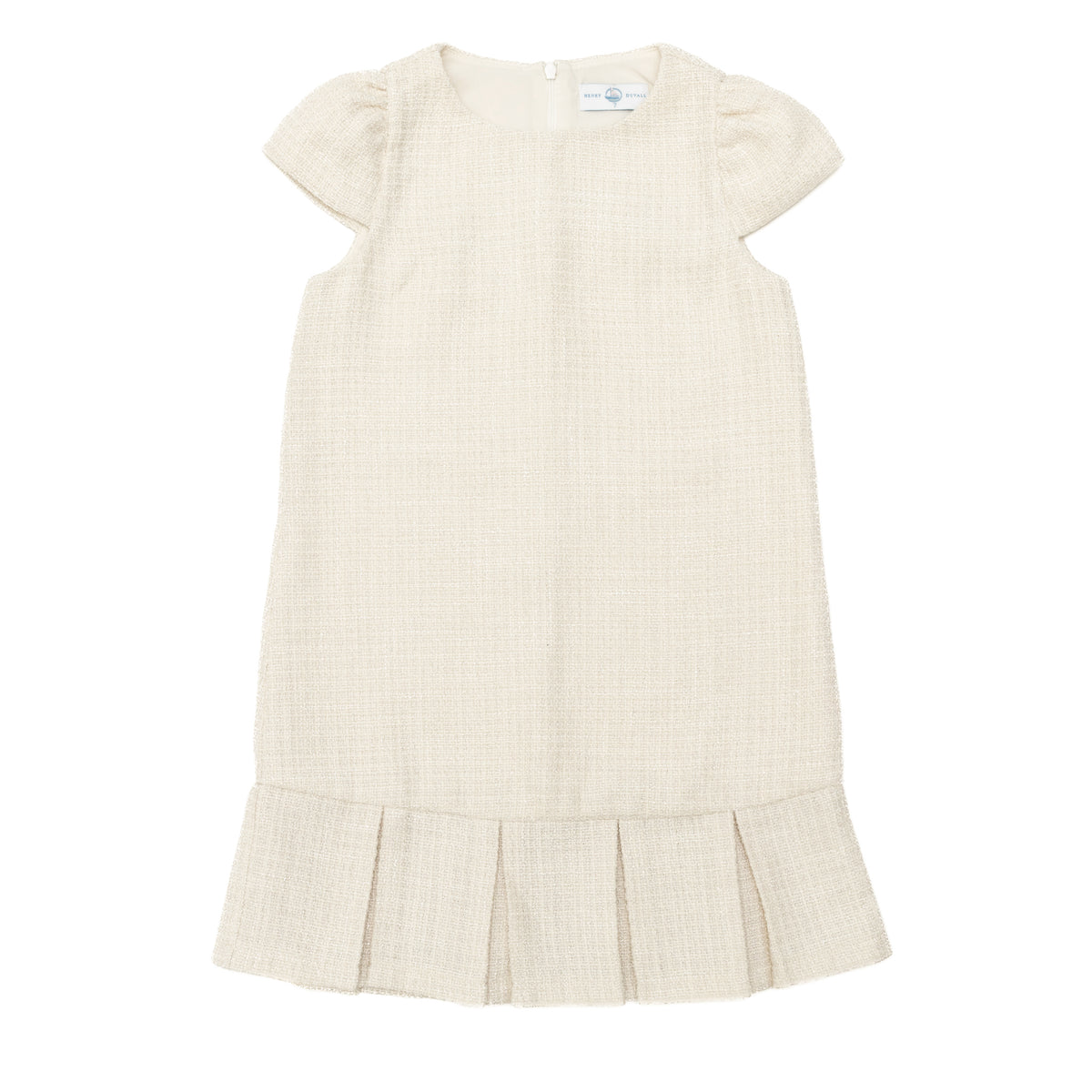 Henry Duvall Charlotte Dress for girls in cream tweed, a classic older girls dress with cap sleeves and box pleat hem.