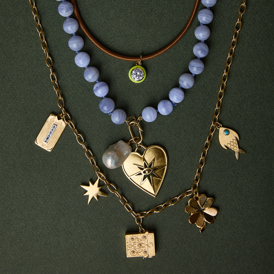 Chartreuse Enamel Bezel Charm on Copper Cord, lavender gemstone necklace with Baroque Pearl and Seeing Eye Heart, loaded charm necklace