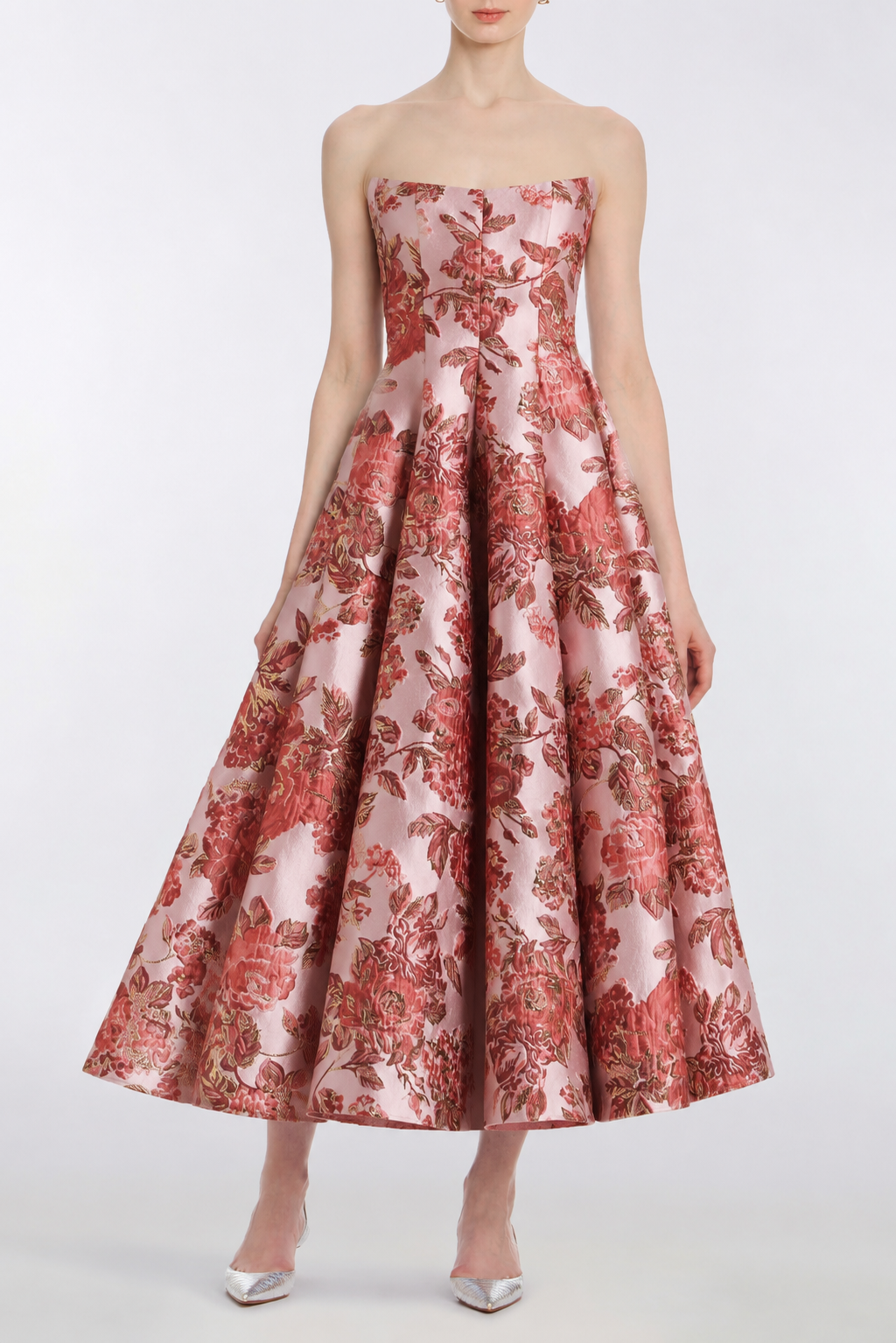 Rousseau Pink Metallic Floral Strapless Midi Dress