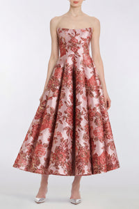 Rousseau Pink Metallic Floral Strapless Midi Dress