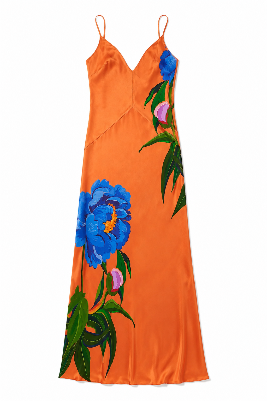 Olive Satin Dress in Floral Candy Coral