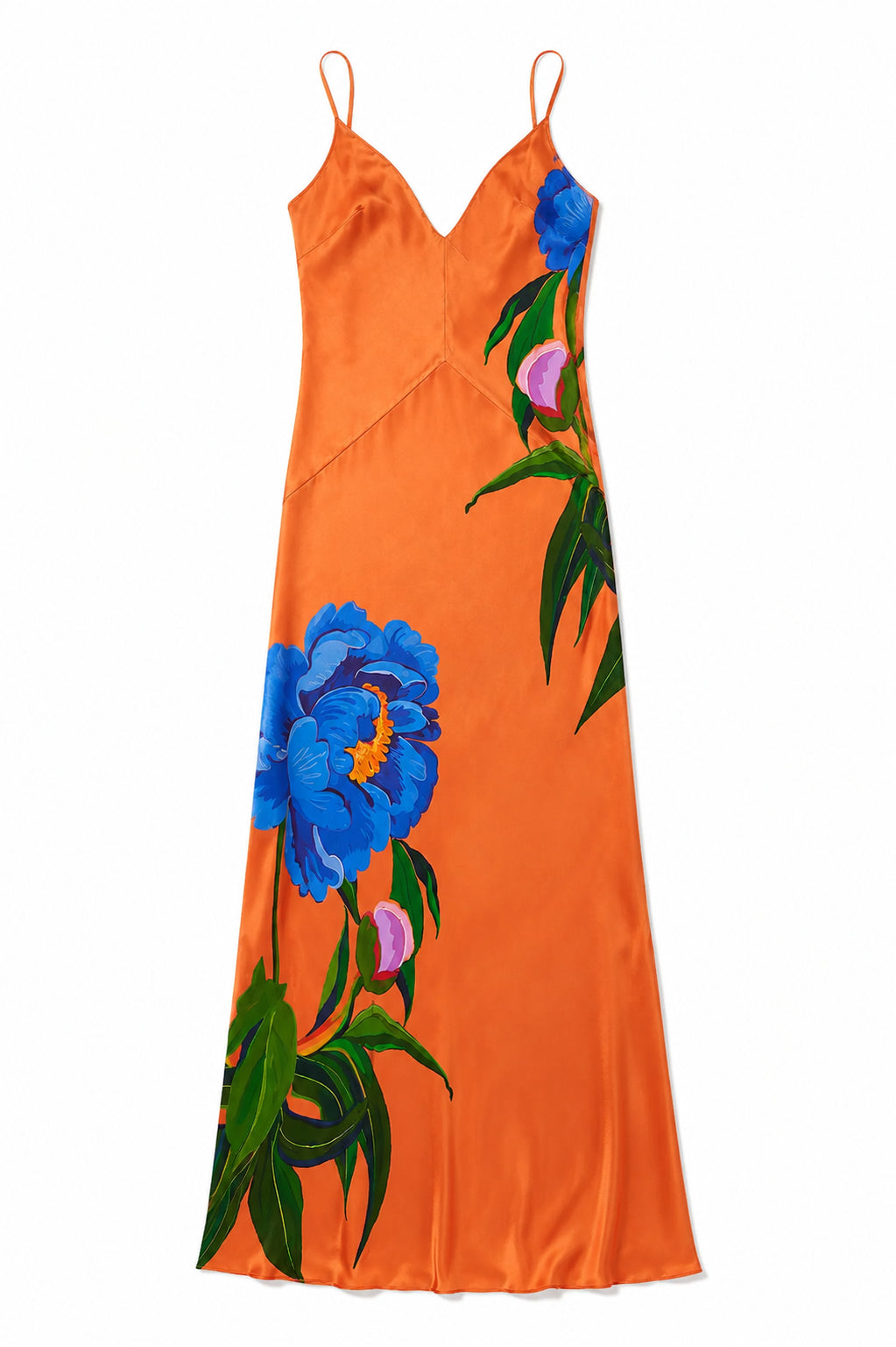 Olive Satin Dress in Floral Candy Coral
