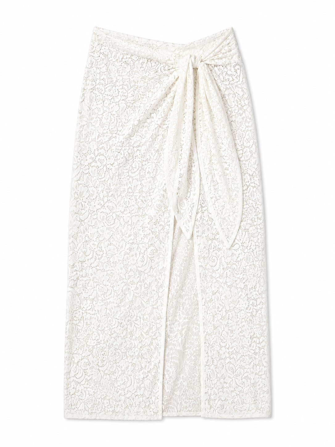 Front view of AquaLace Quick-Dry Floral Pareo in Blanc Floral Lace with tied waist and lace sheerness