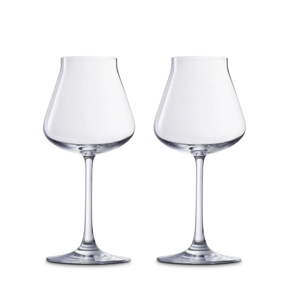 Front view of Chateau Baccarat red wine glasses, set of two, hand-blown crystal with wide rounded bowls on white