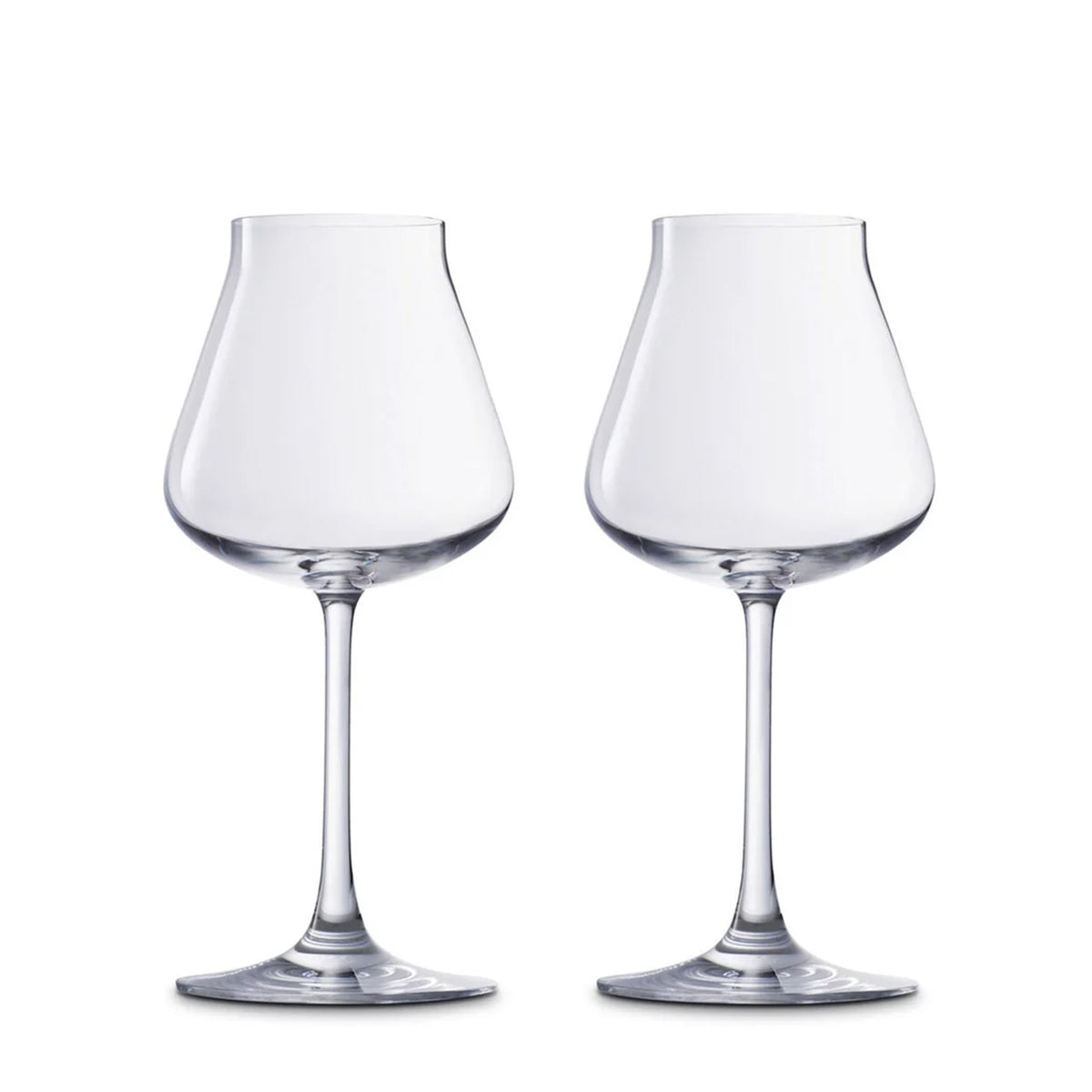 Front view of Chateau Baccarat red wine glasses, set of two, hand-blown crystal with wide rounded bowls on white
