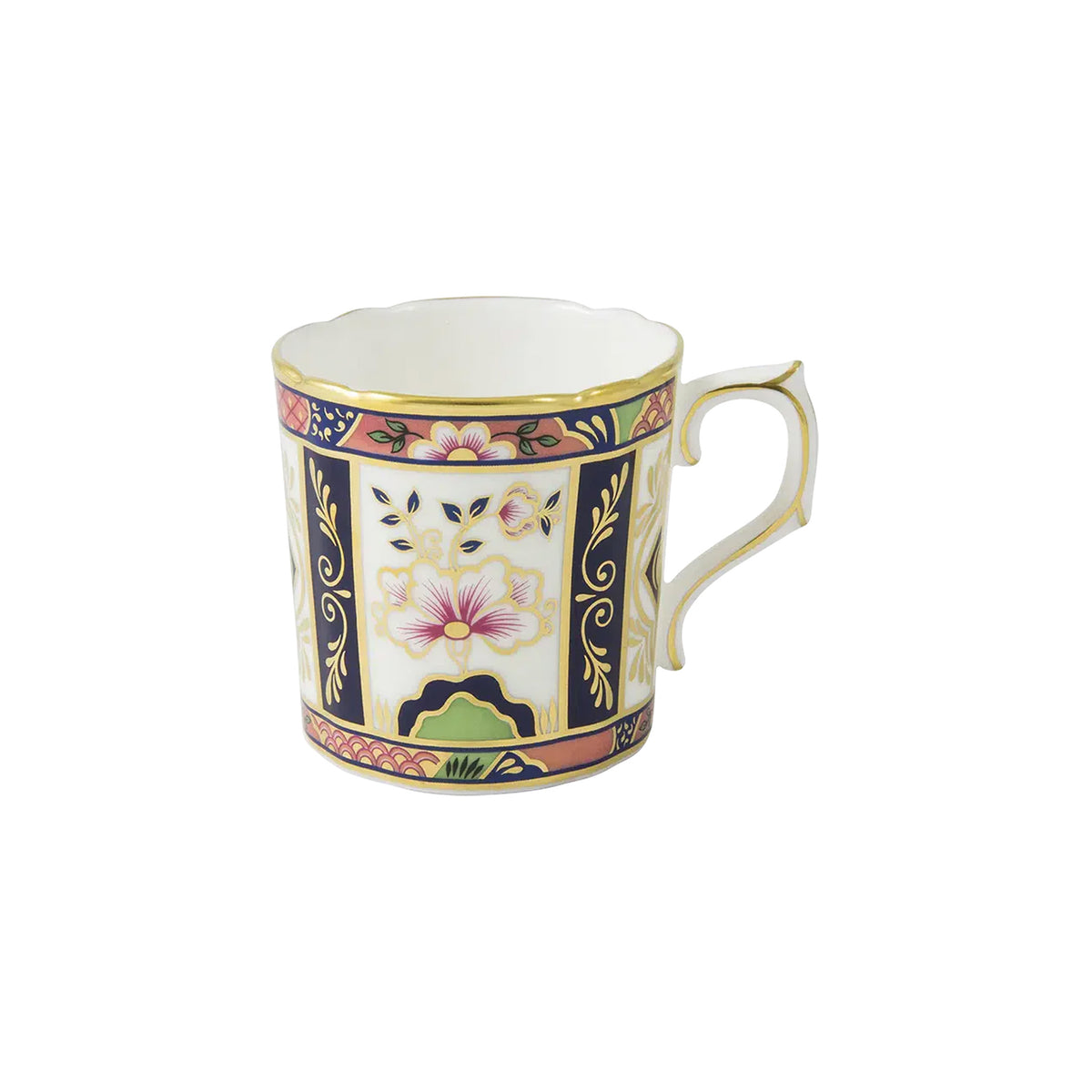 Angled view of Chelsea Garden coffee cup with pink and green floral border and 22 carat gold rim on white background
