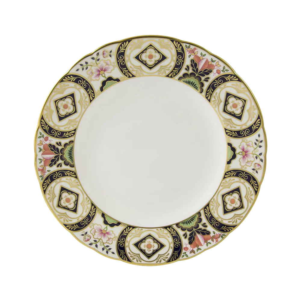 Top view of Chelsea Garden salad plate featuring floral border with pink, green accents and 22 carat gold rim on white