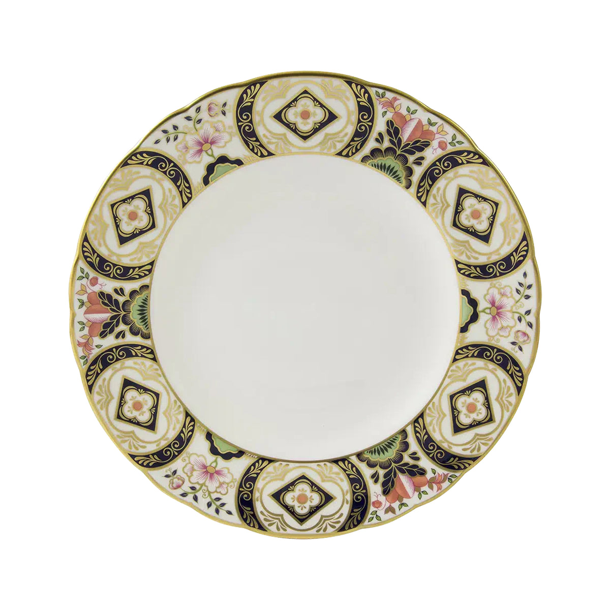 Top view of Chelsea Garden salad plate featuring floral border with pink, green accents and 22 carat gold rim on white