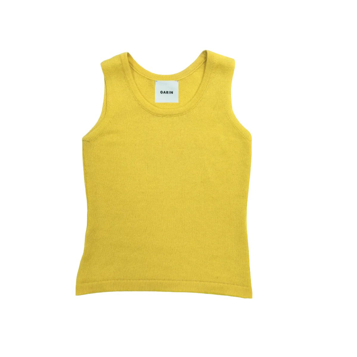 Front view of Chelsea Tank sleeveless knit tank in vivid yellow with fitted cropped silhouette on white background
