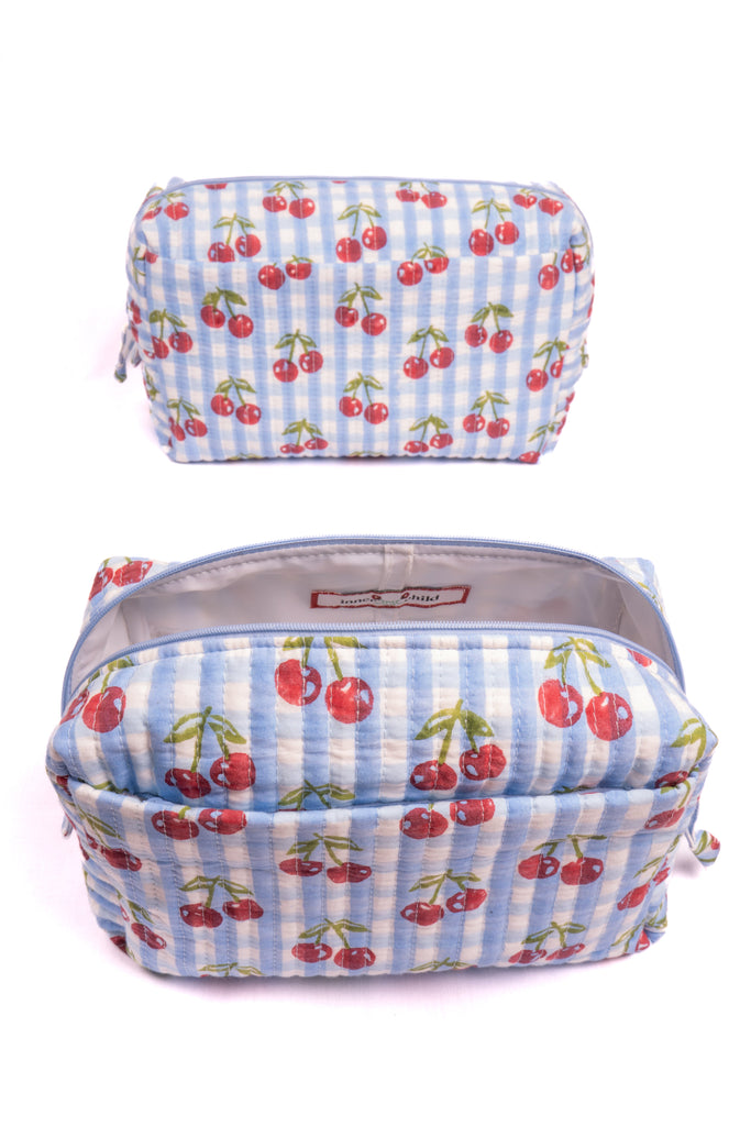 Cherry Makeup Bag in Blue Gingham Blockprint