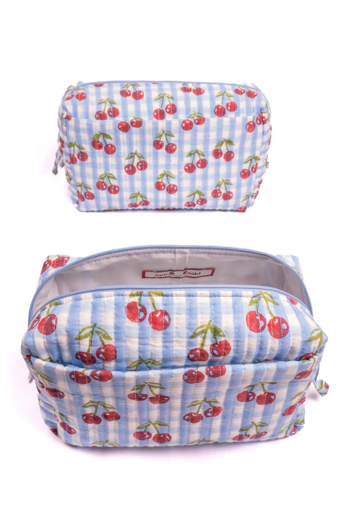 Cherry Makeup Bag in Blue Gingham Blockprint