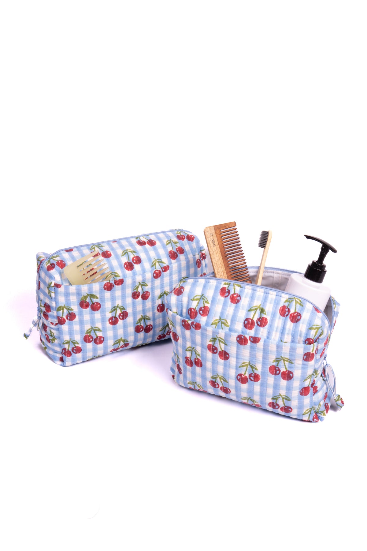 Cherry Makeup Bag in Blue Gingham Blockprint