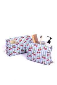 Cherry Makeup Bag in Blue Gingham Blockprint