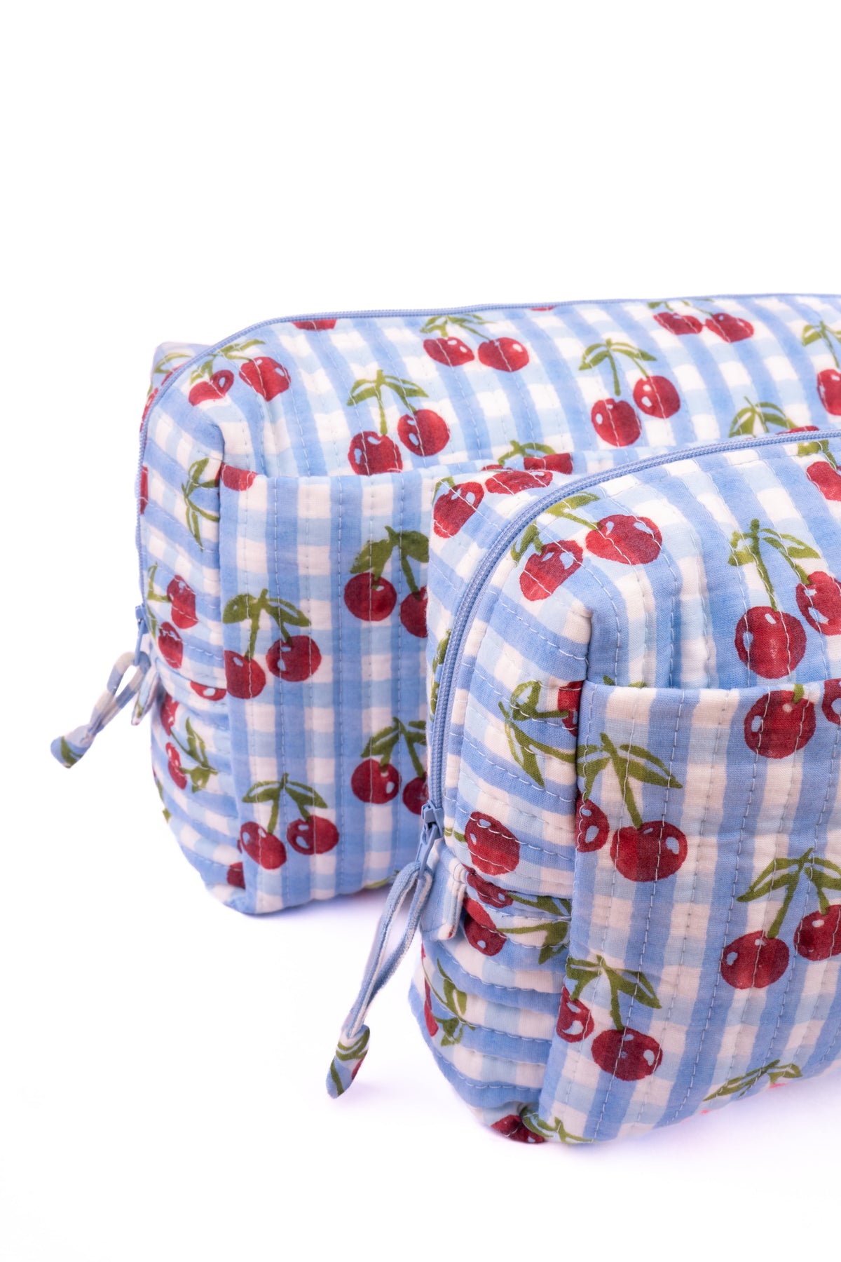 Cherry Makeup Bag in Blue Gingham Blockprint