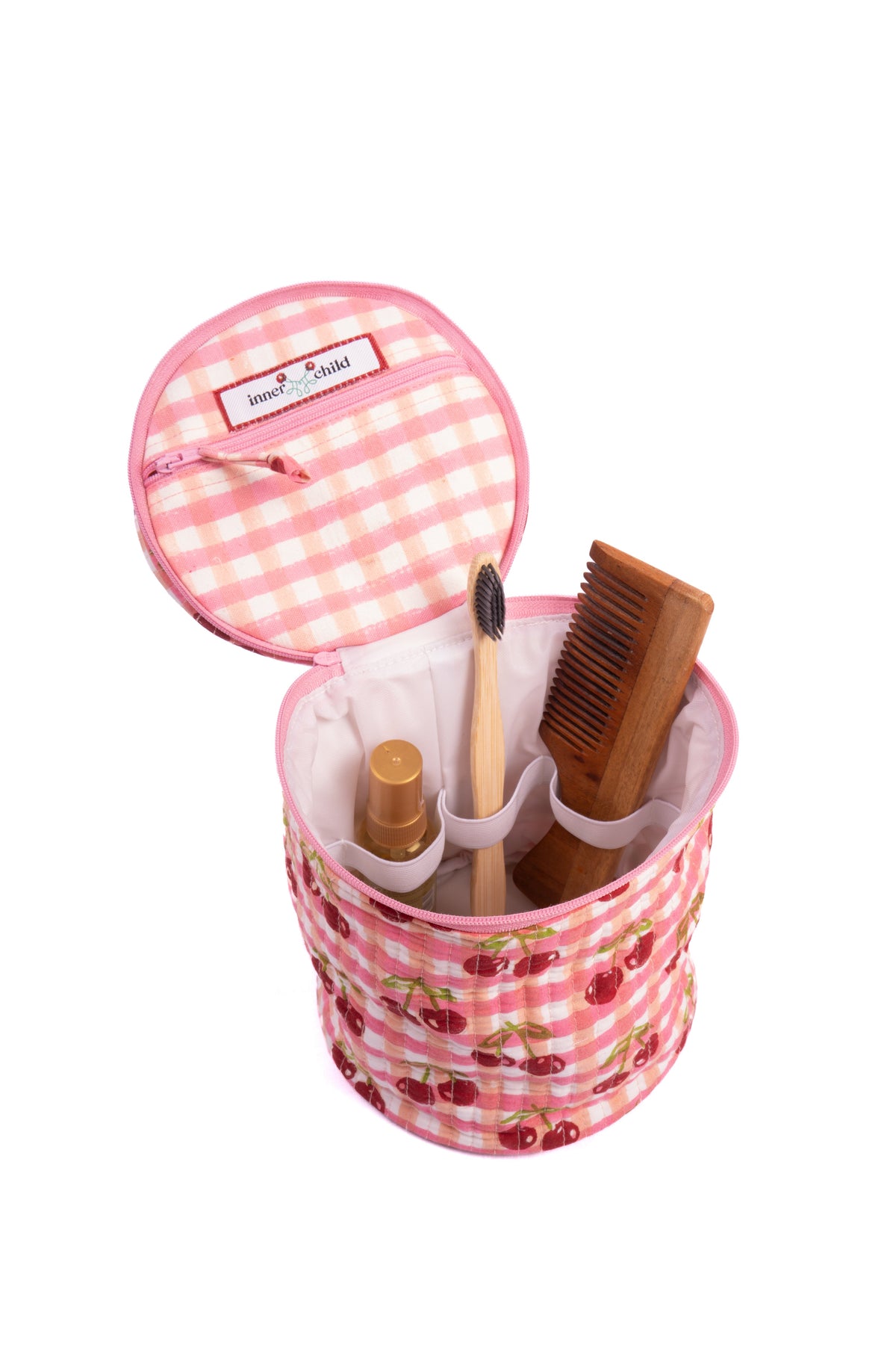 Cherry Round Upright Makeup Bag in Red Gingham Blockprint