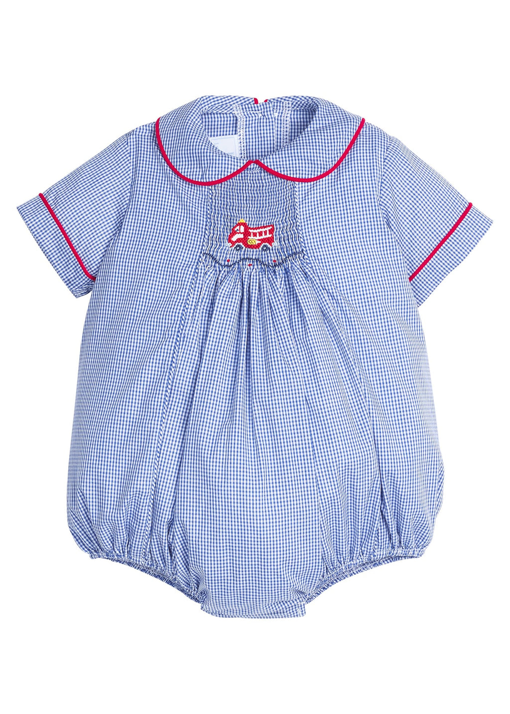 Little English traditional children's clothing.  Short sleeve peter pan bubble in royal blue gingham with red piping and fire truck smocking at the chest for baby boys