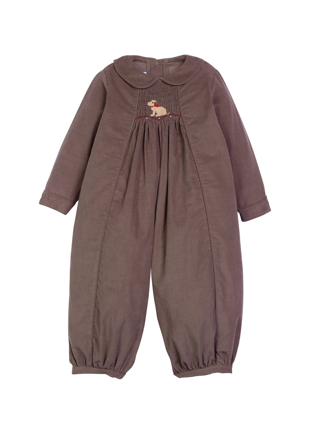 Little English traditional children's clothing.  Chocolate brown corduroy romper for baby boys with peter pan collar and lab smocking at the chest