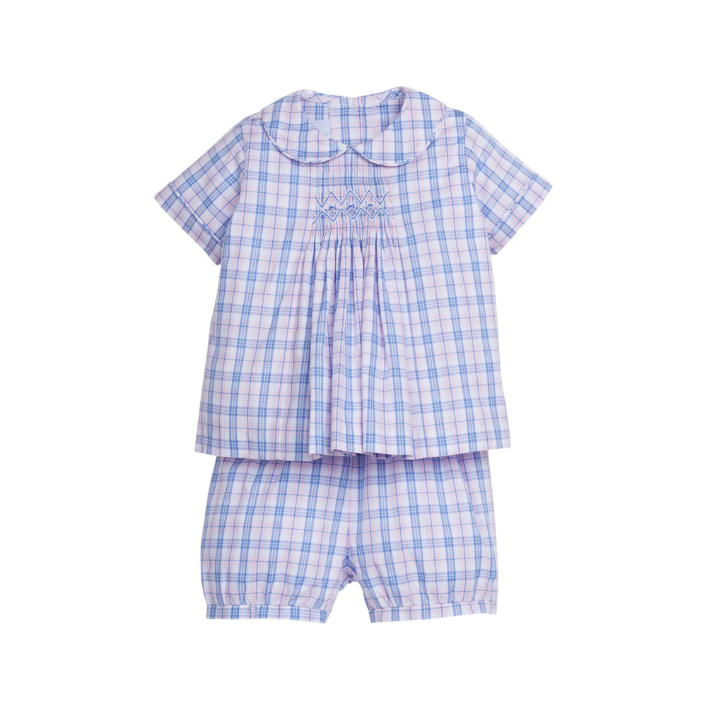 Front view of Chest Smocked Short Set in Albany Plaid showcasing smocked chest, peter pan collar, and matching shorts on white background
