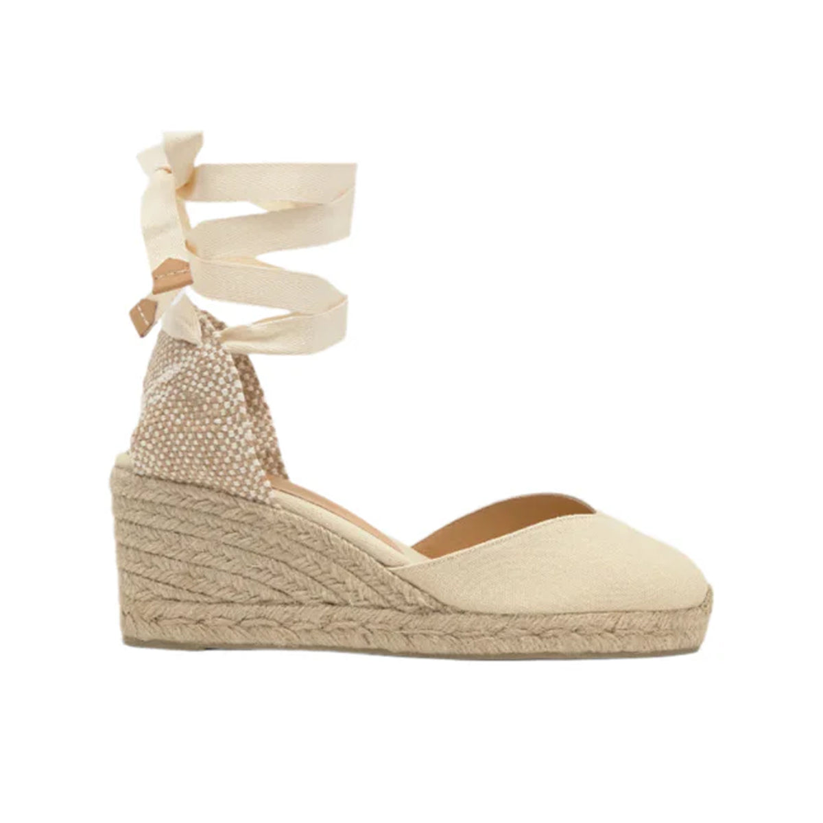 Side view of Chiara 6 in Ivory espadrille showcasing ankle wrap laces and 2.76 inch jute wedge on white background